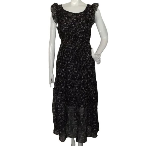 new LE RAGAZZE Maxi Dress, XS, Black, White/brown floral print, Ruffle shoulder - Picture 8 of 12